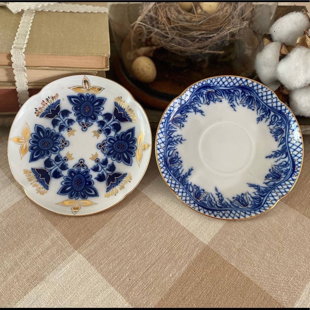 Vintage Russian Imperial Lomonosov Porcelain Cobalt Net Teacup Saucer
